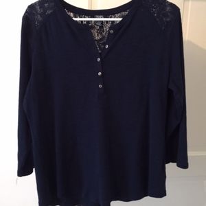 Women's Navy Chaps XL Henley Top with Lace Detail
